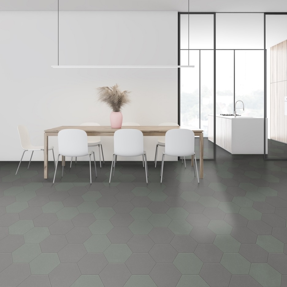  Interior Pictures of Grey, Blue / green Hexagon 337 from the Moduleo Moods collection | Moduleo